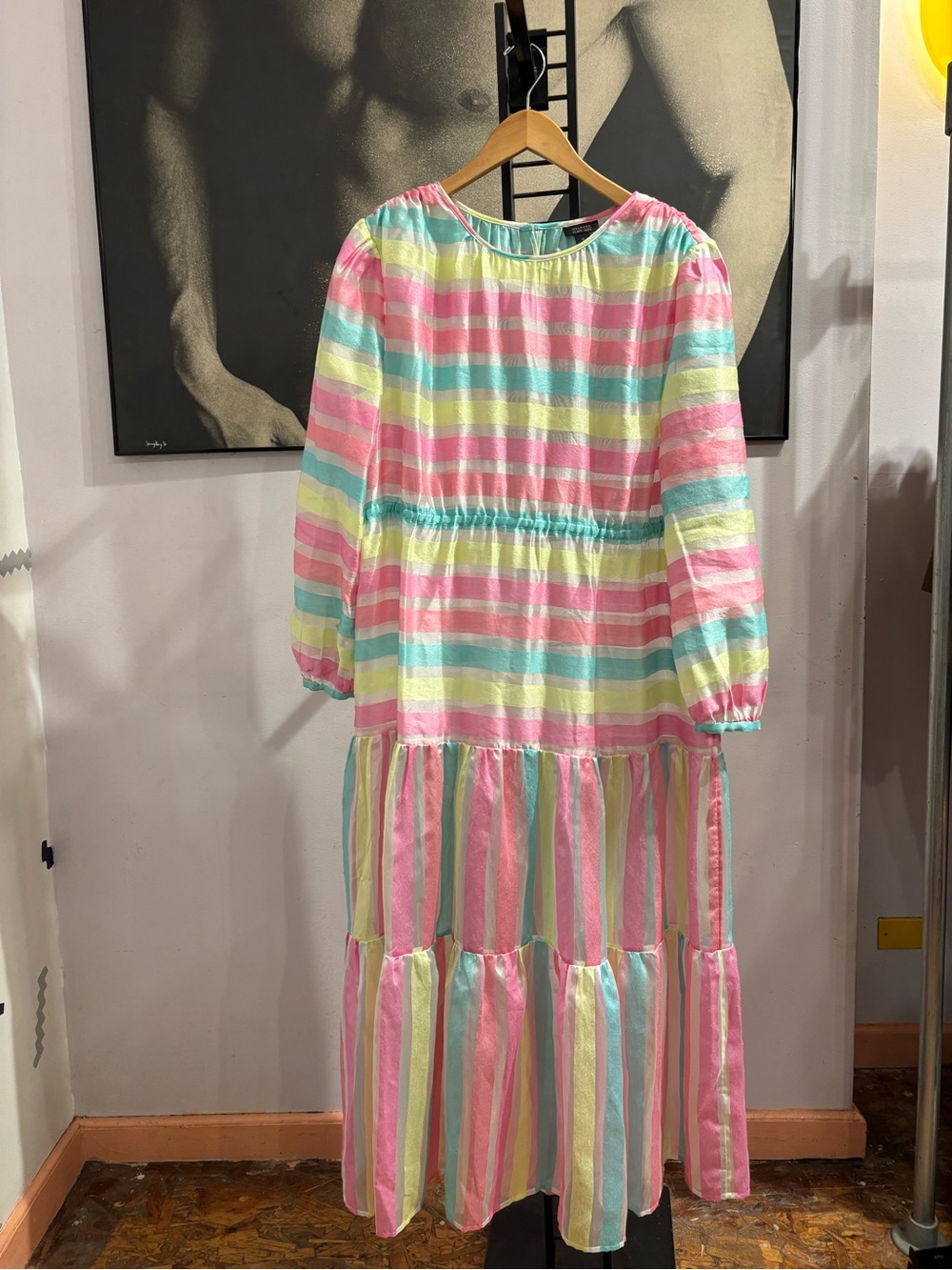 Halogen Pastel Pink Sheer Prairie Maxi Long Sleeve Dress Candy Colored Stripes